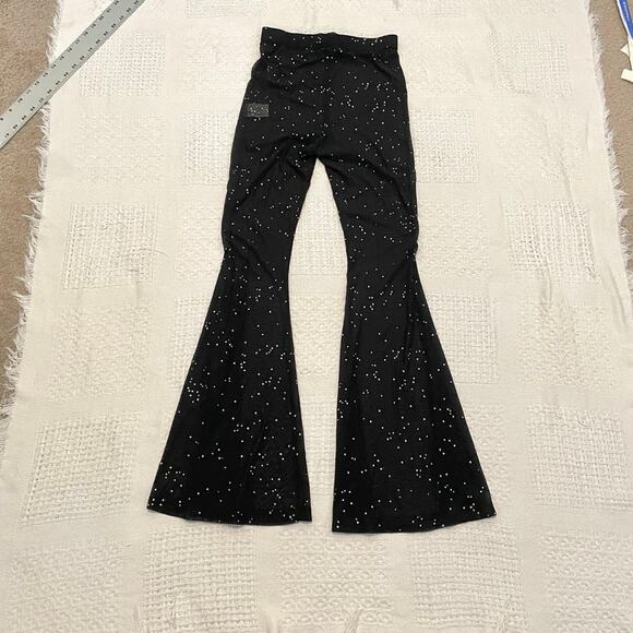 high waist small black sheer mesh studded flare leg pant club rave P2 4559 - Picture 7 of 11